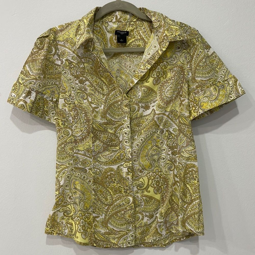 Ann Taylor Women’s Size 6 Yellow Paisley￼ Short Sleeve Top 100% Cotton